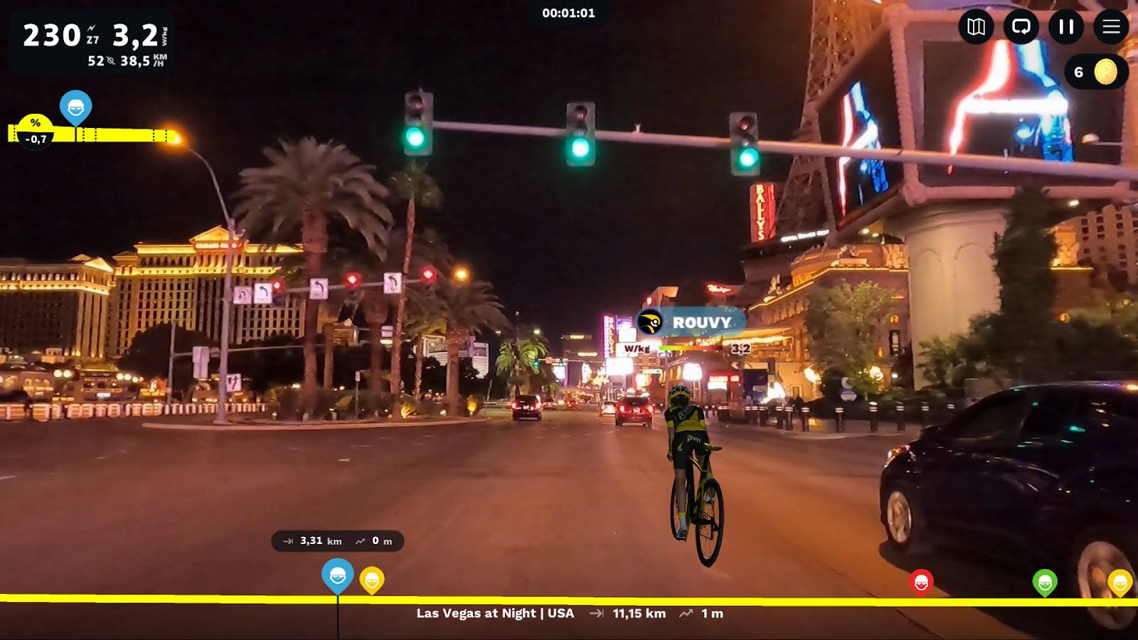 rouvy avatar riding in Las Vegas at night