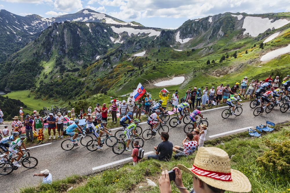 The peloton climbing the road to Col de Pailheres in the Pyrenees during Le Tour de France
