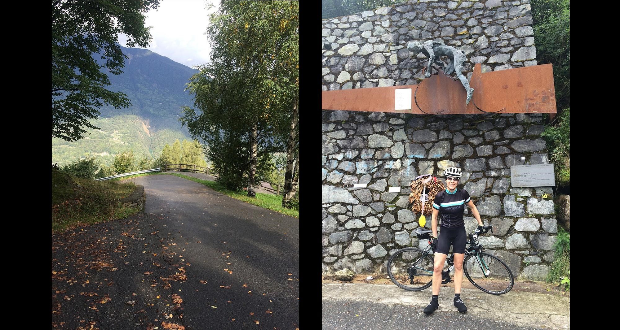 Left: Looking down steeply from where I had climbed.   Right: Standing in front of the Pantani monument for a quick breather.