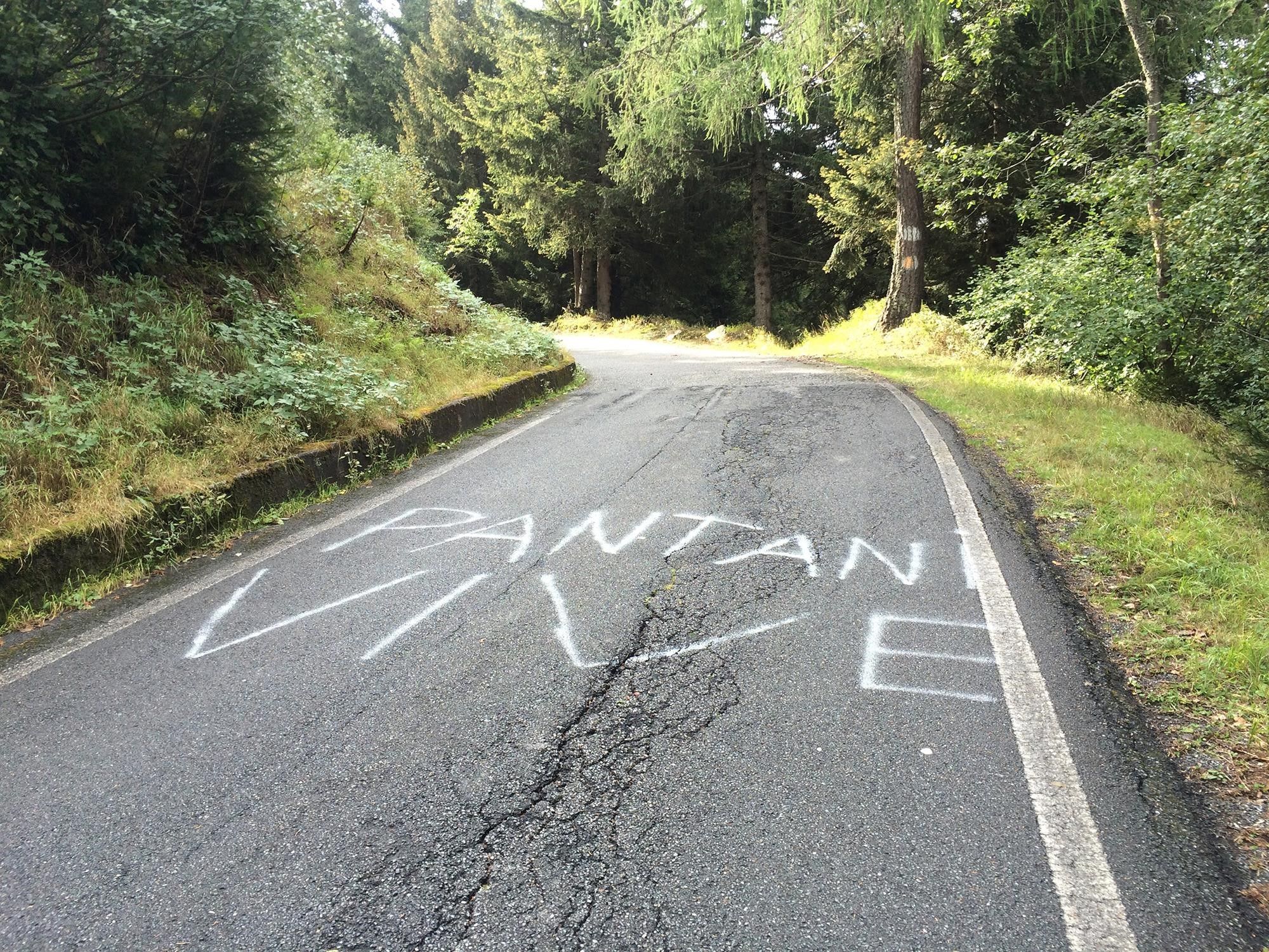 A photo I took when climbing the Mortirolo in Lombardy, northern Italy showing what fans had written on the climb in honour of Pantani
