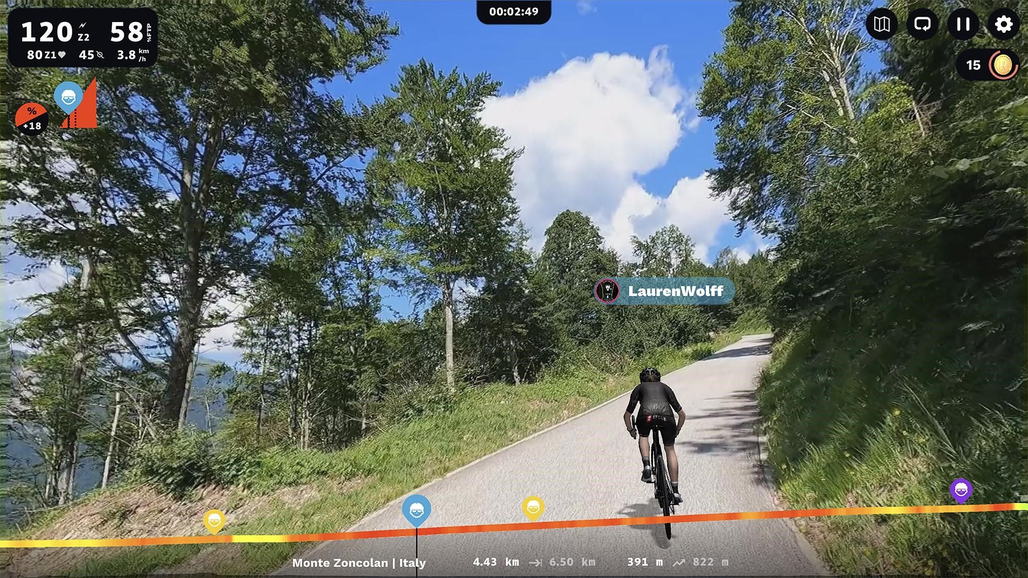 Climbing the Monte Zoncolan on ROUVY through the forests on a narrow road