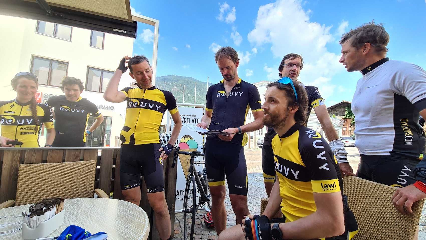 Group of ROUVY riders at a roadside cafe in Italy