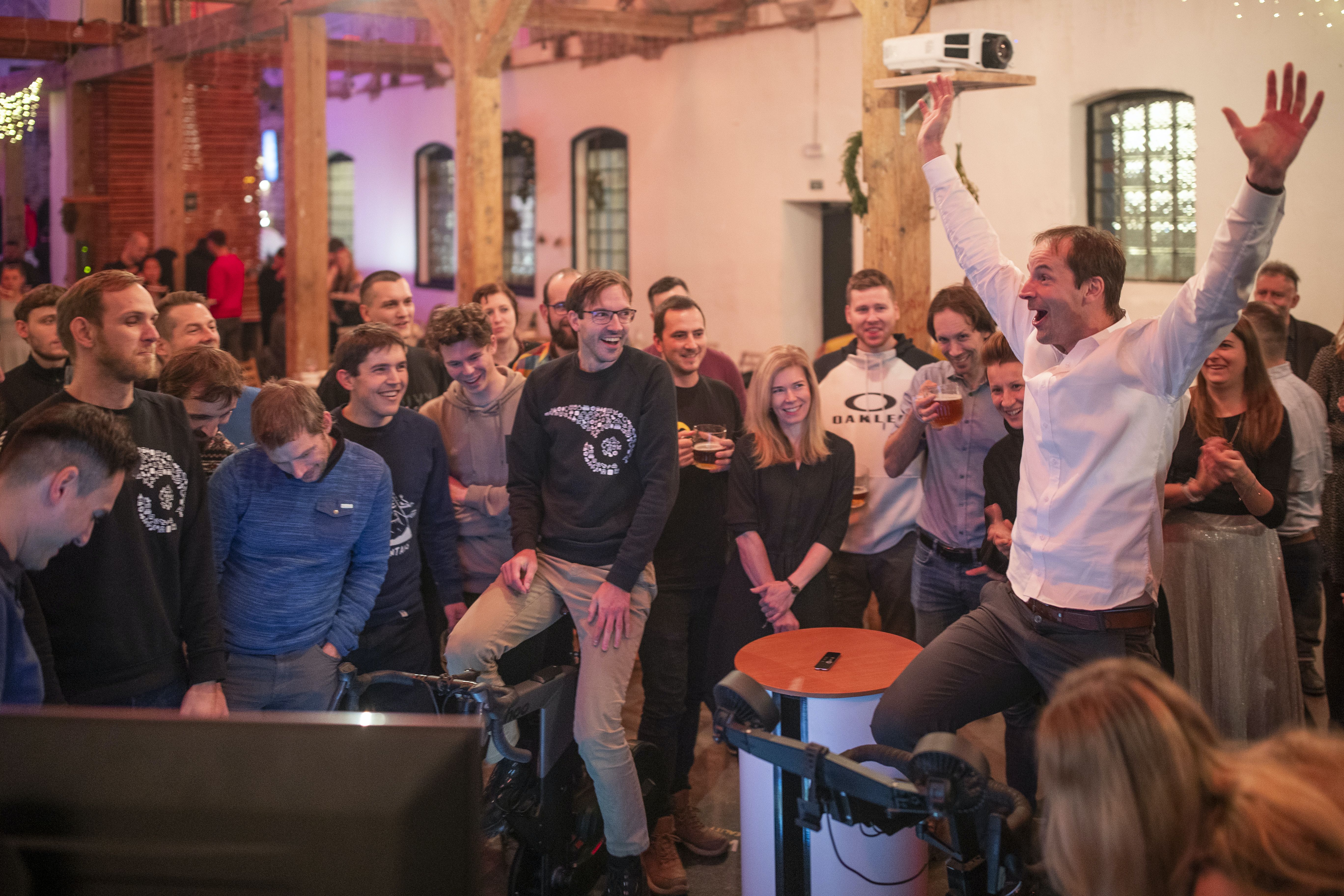 Petr Samek beats his brother Jiri at the Christmas party Cycling Challenge